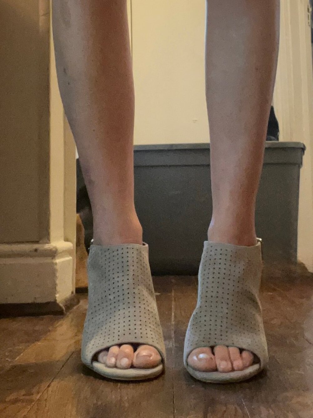 Adam Tucker Meridia Grey Perforated Suede Peep Toe Block Heel Sandals -Size 7.5M